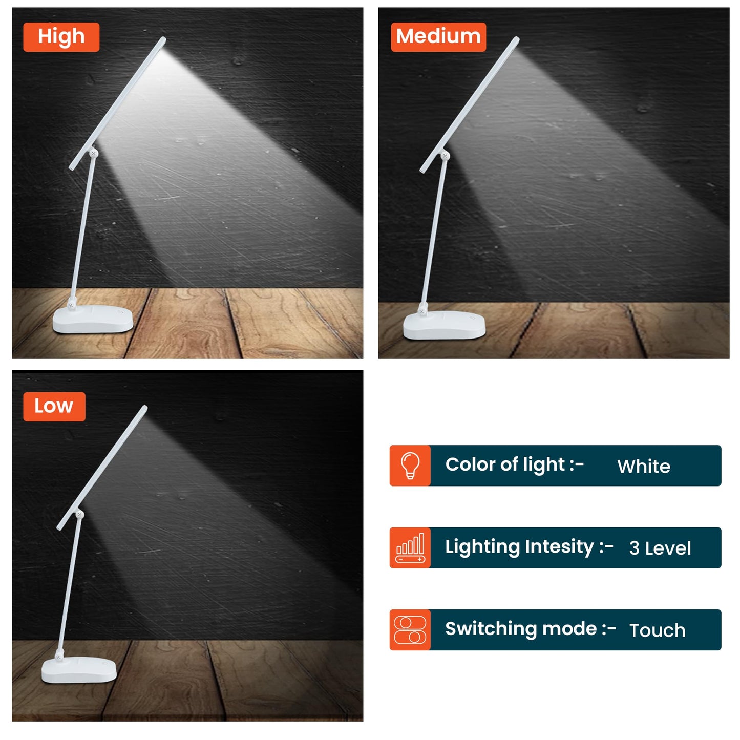 Table Lamp with Adjustable Height & Arm | 1 Piece | 14.9cm x 9.7cm x 37.5cm | White Light USB Plug-in