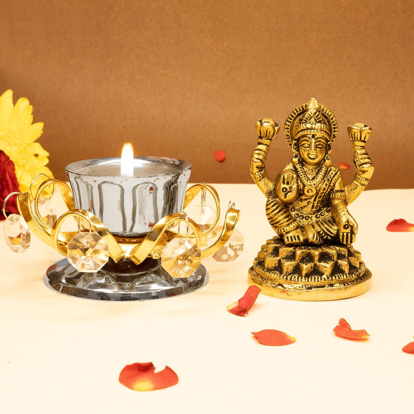 Combo: 100% Pure Brass Lakshmi Devi Idol & Tealight Candle Holder | Pooja Room, Home Decor | 8.4 CM | Gold