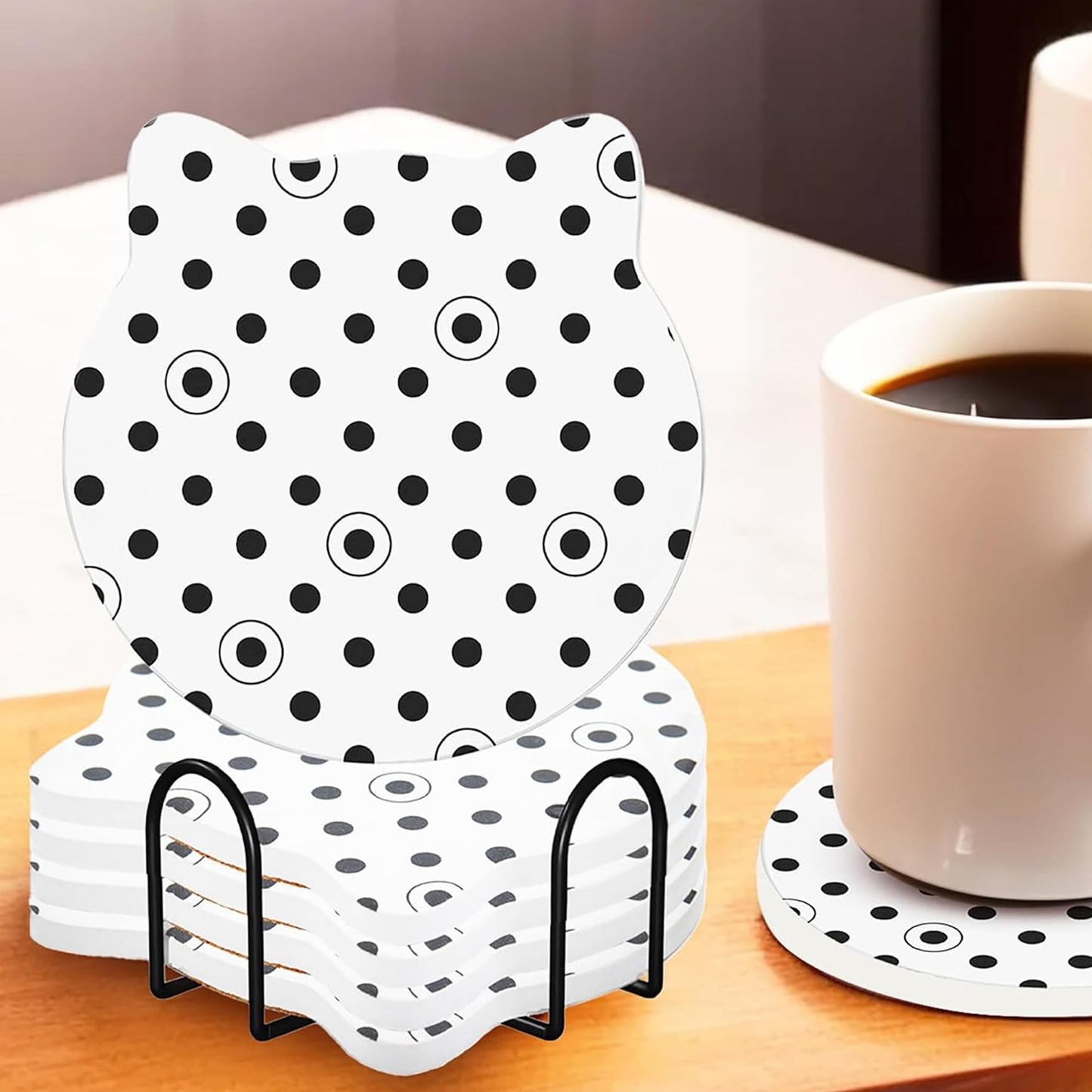 18 Pcs: Anti-Skid Tea Coaster Set - Water Absorbing, Round | Includes Holder | Black & White | Size: Standard