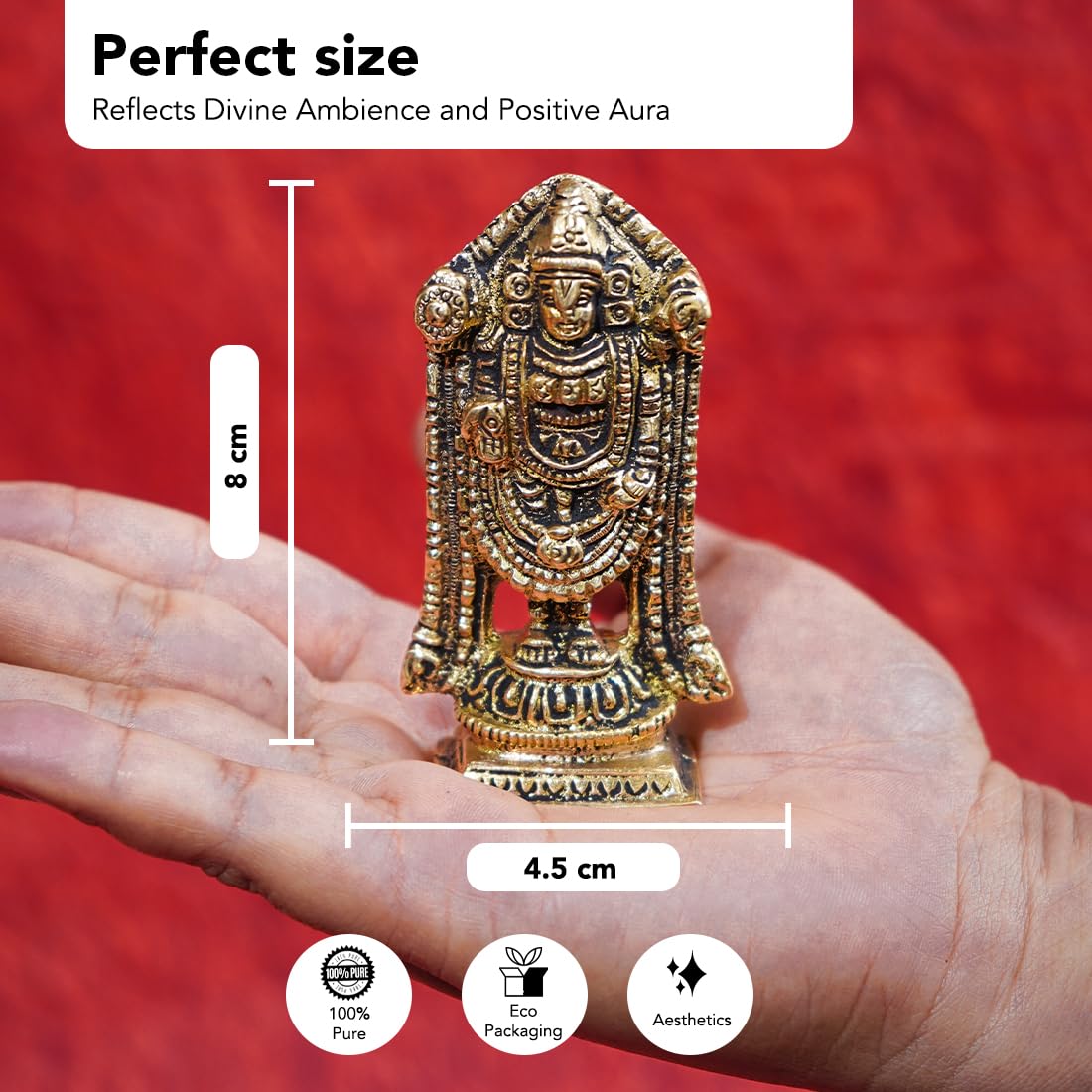 Brass Tirupati Balaji Idol - Traditional Design for Home Décor & Office Desk | 8.0 cm | Polished Brass