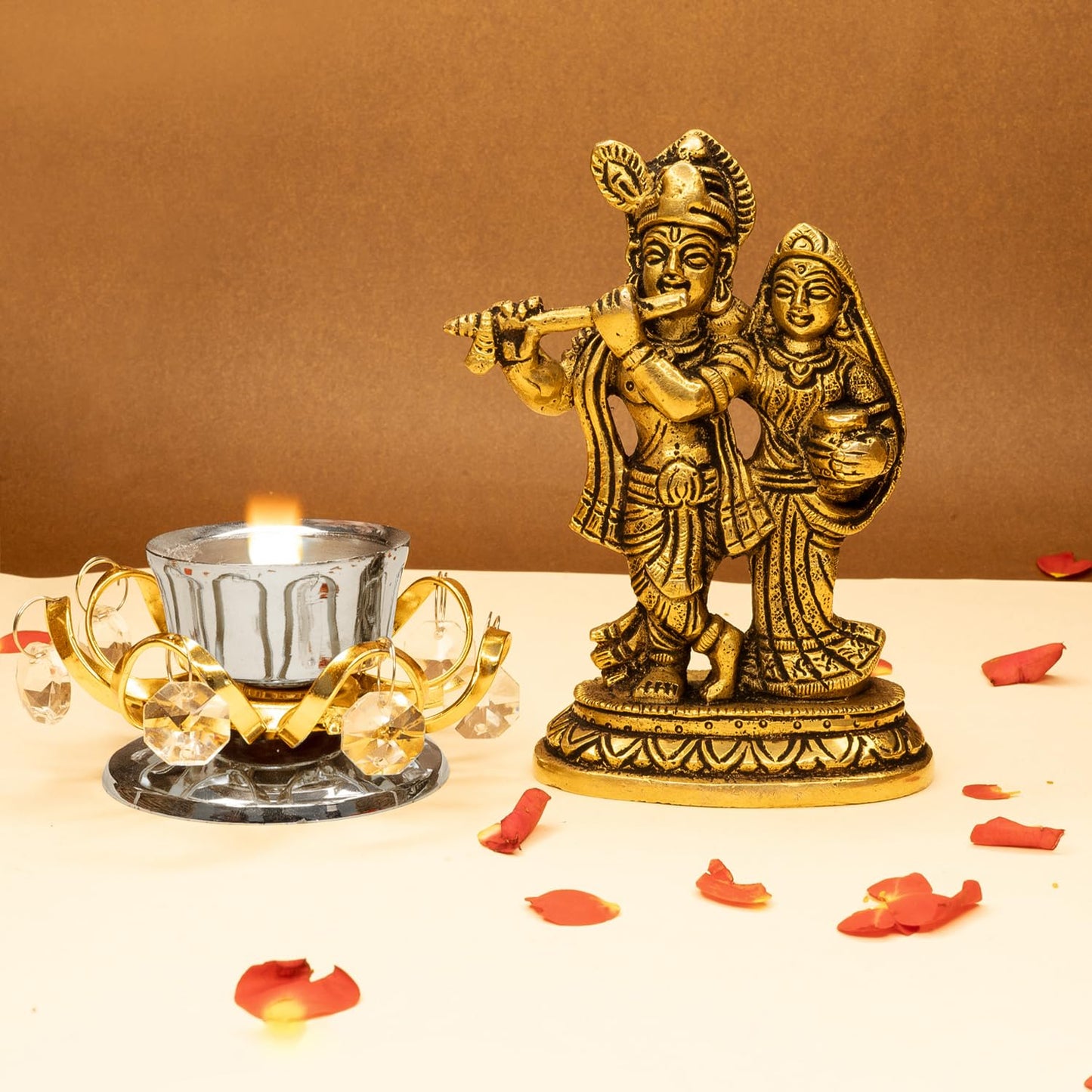 Combo: 100% Pure Brass Radha Krishna Murti & Tealight Holder | Size: 12.8cm | Home Decor | Gift Idea