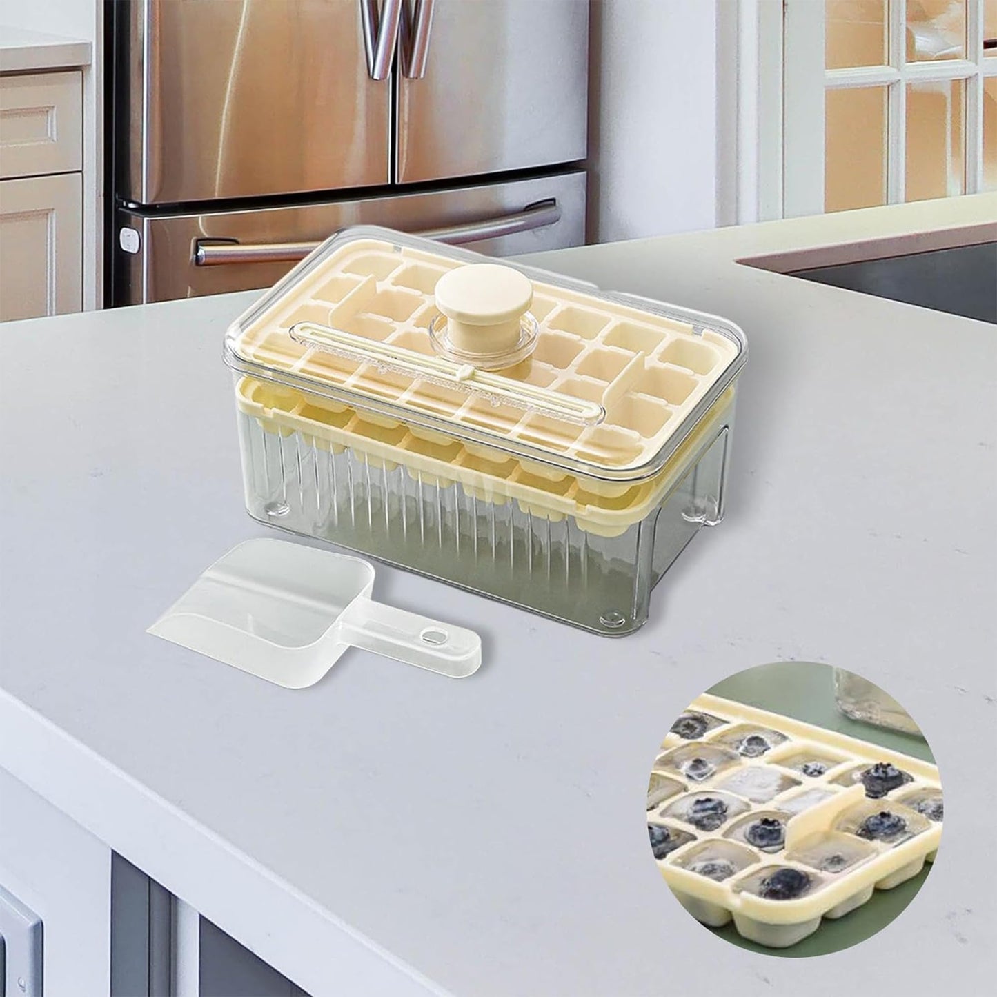 Kuber Industries Pack of 3| 2 Layer Ice Cube Tray with Lid | Ice Cube Storage Box with Ice Scoop | 56 Ice Cube Molds for Freezing | One-Press Demolding | BPA Free | Beige