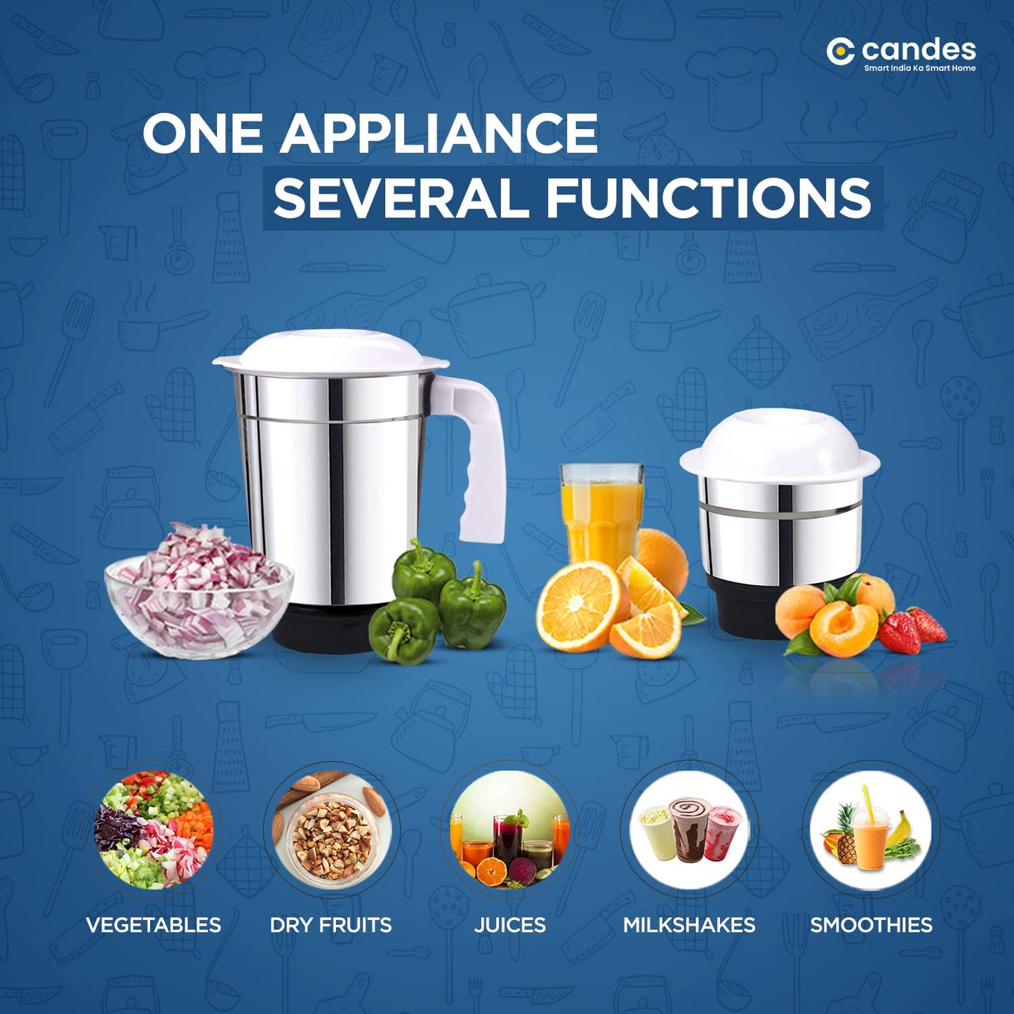 Candes Imperial 550 Watt Mixer Grinder with 2 Jars | Powerful Motor with 1 Year Warranty - White Blue