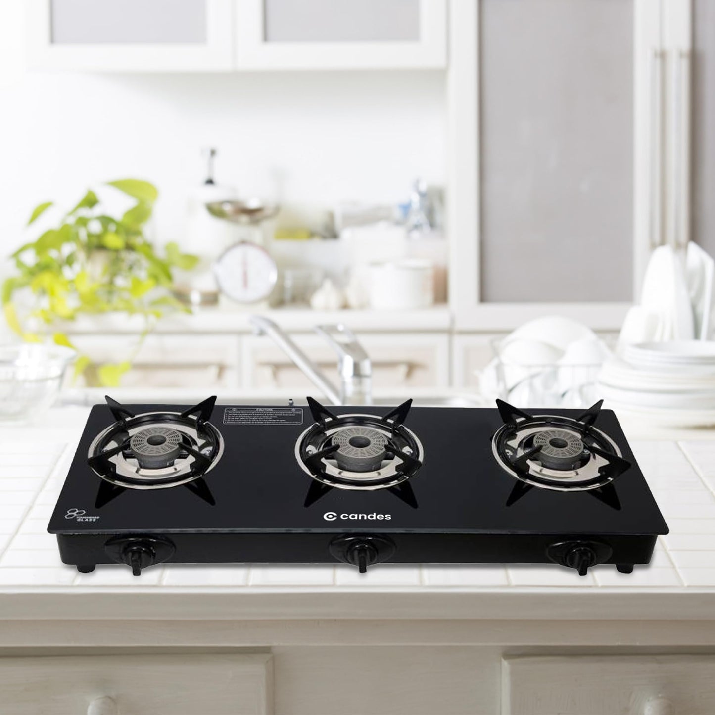 Gas Stove 3 Burners Auto Ignition with Toughened Glass & Tornado Burners | LPG Compatible | Black