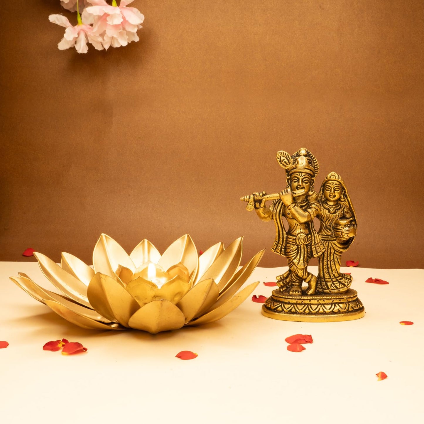 Combo: Brass Radha Krishna Murti & Tealight Candle Holder | Ideal for Pooja Room & Home Decor | 12.8 cm | Gold