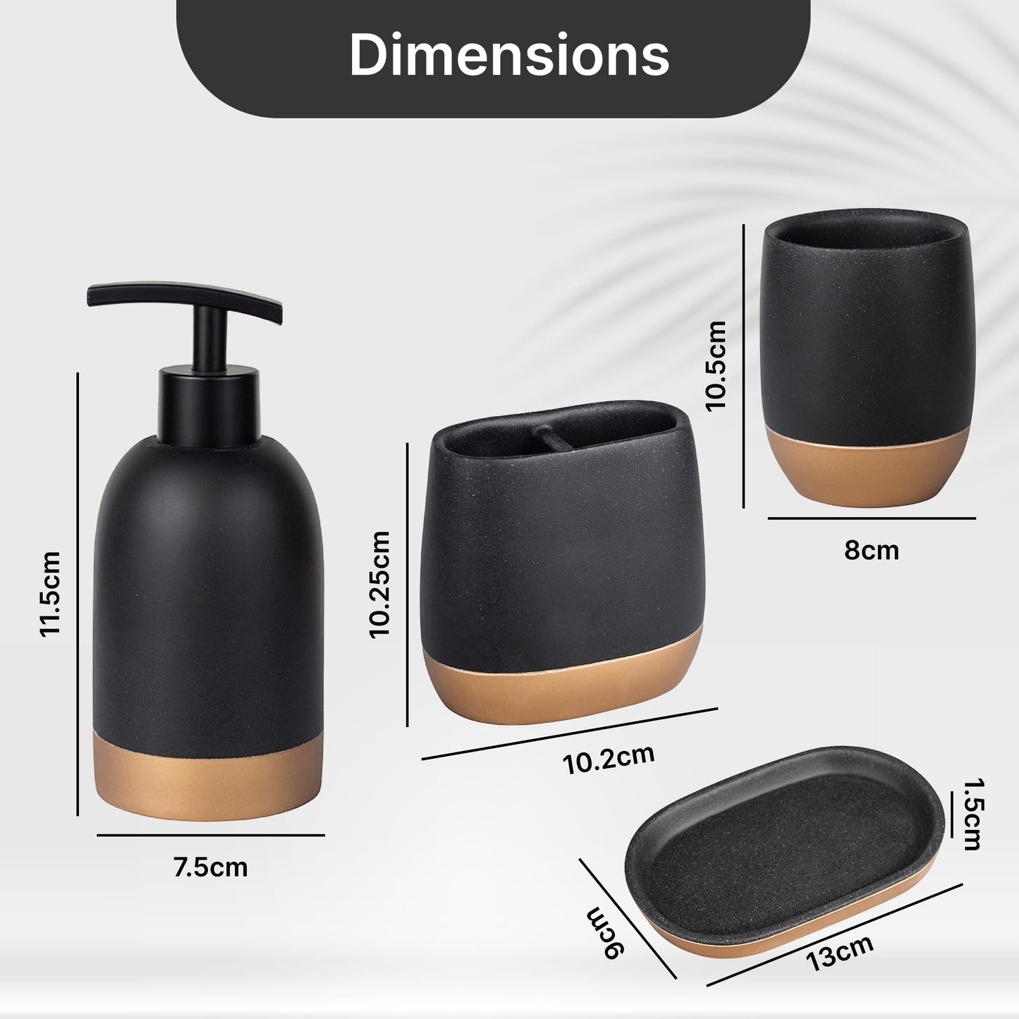 UMAI Polyresin 4-Piece Bathroom Accessories Set | Soap Holder for Bathroom | Liquid Soap Dispenser (250ml) | Tumbler | Toothbrush Holder | Moisture Resistant | Scratch Proof | Black-Golden