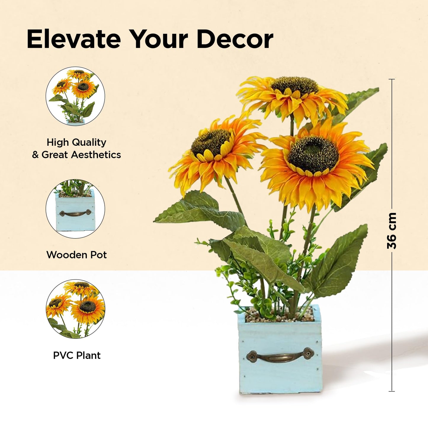 UMAI Artificial Flowers for Decoration with Pot | Yellow Sunflowers for Home Decor Items | 36 CM Long | Aesthetic Room Decor Items for Living Room, Bedroom | Fake Plants for Office Desk, Reception