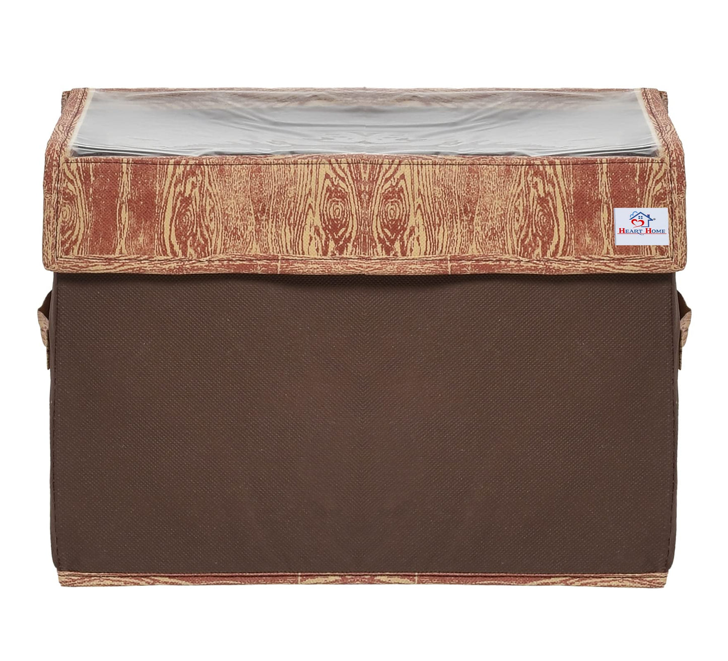 Heart Home Wooden Design Foldable Medium Non-Woven Storage Box/Bin For Books, Towels, Magazines, DVDs & More With Tranasparent Lid (Brown) -44HH0436