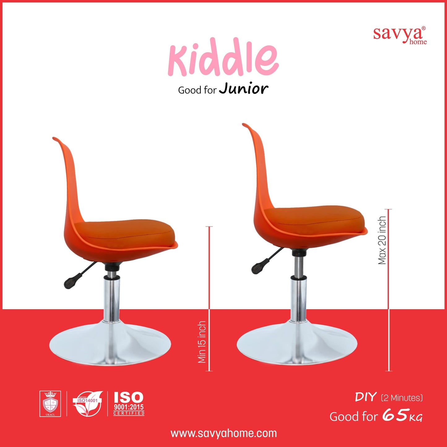 Kids Kiddle Desk Chair - Revolving, Height Adjustable, Cushioned | Easy Assembly | Red | Ergonomic Design