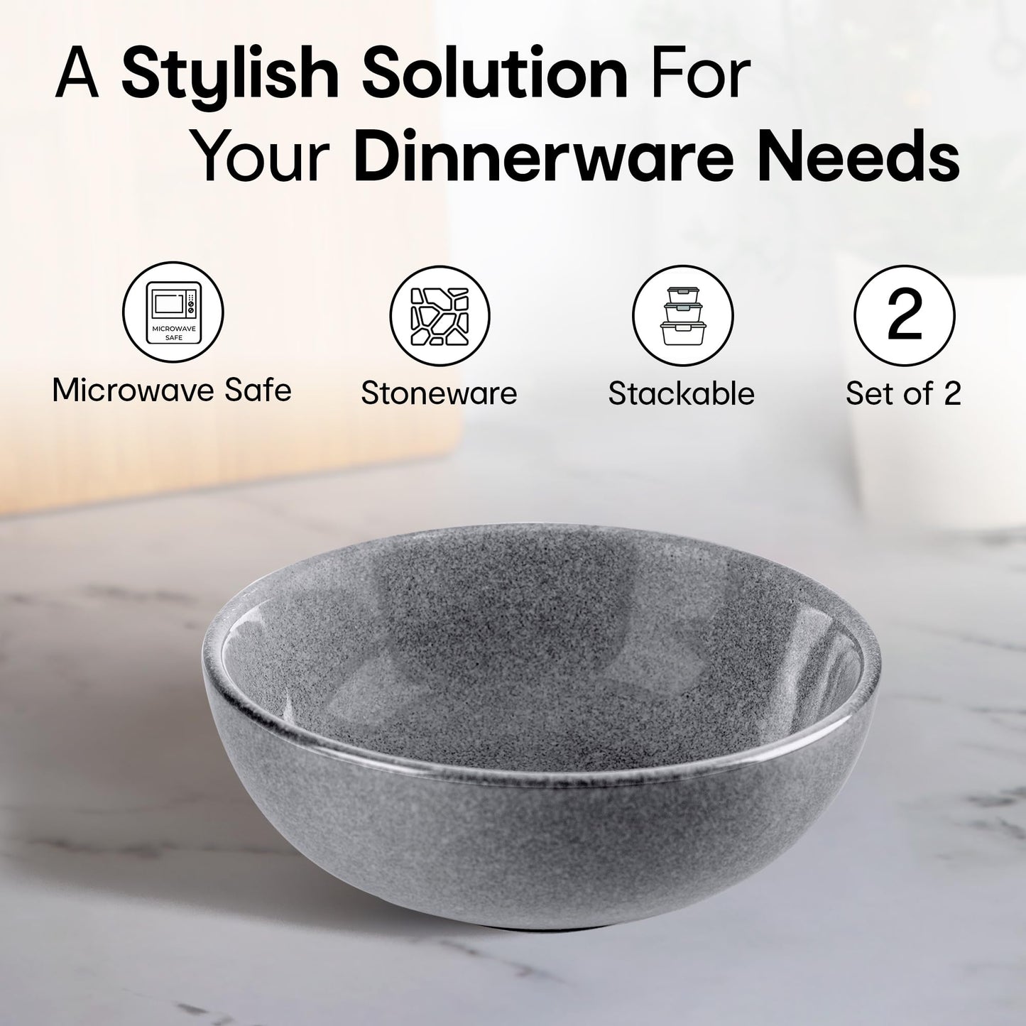 Set of 2: Large Grey Glazed Stoneware Bowls - Microwave Safe, Ceramic | Salad & Dessert Serving | 700mL