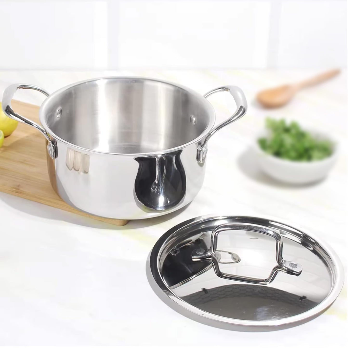 Triply Stainless Steel Casserole with Lid | 3L | 20 cm Diameter | Dishwasher Safe | Silver Color