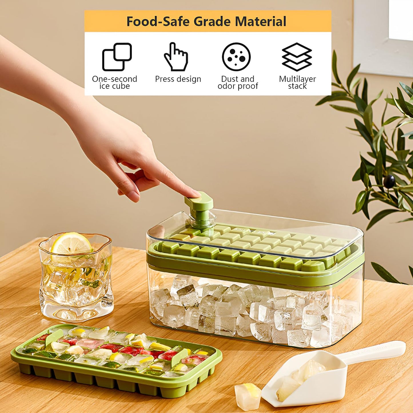 Kuber Industries Pack of 6| 2 Layer Ice Cube Tray with Lid | Ice Cube Storage Box with Ice Scoop | 64 Ice Cube Molds for Freezing | One-Press Demolding | BPA Free | Green