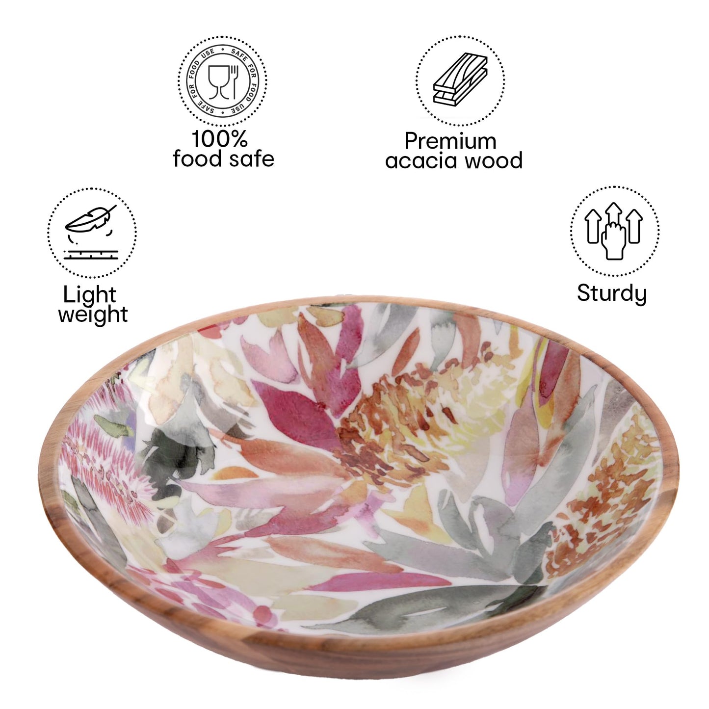 Large Acacia Wood Bowl - Designer Salad Utensil with Enamel Oil Finish | 11" | Pastel Floral | For Kitchen & Dining