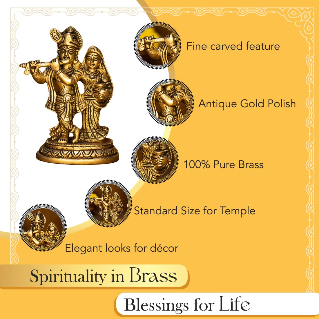 Combo: 100% Pure Brass Radha Krishna Murti & Lotus Tealight Holder | 12.8 cm | Home Decor & Pooja Room