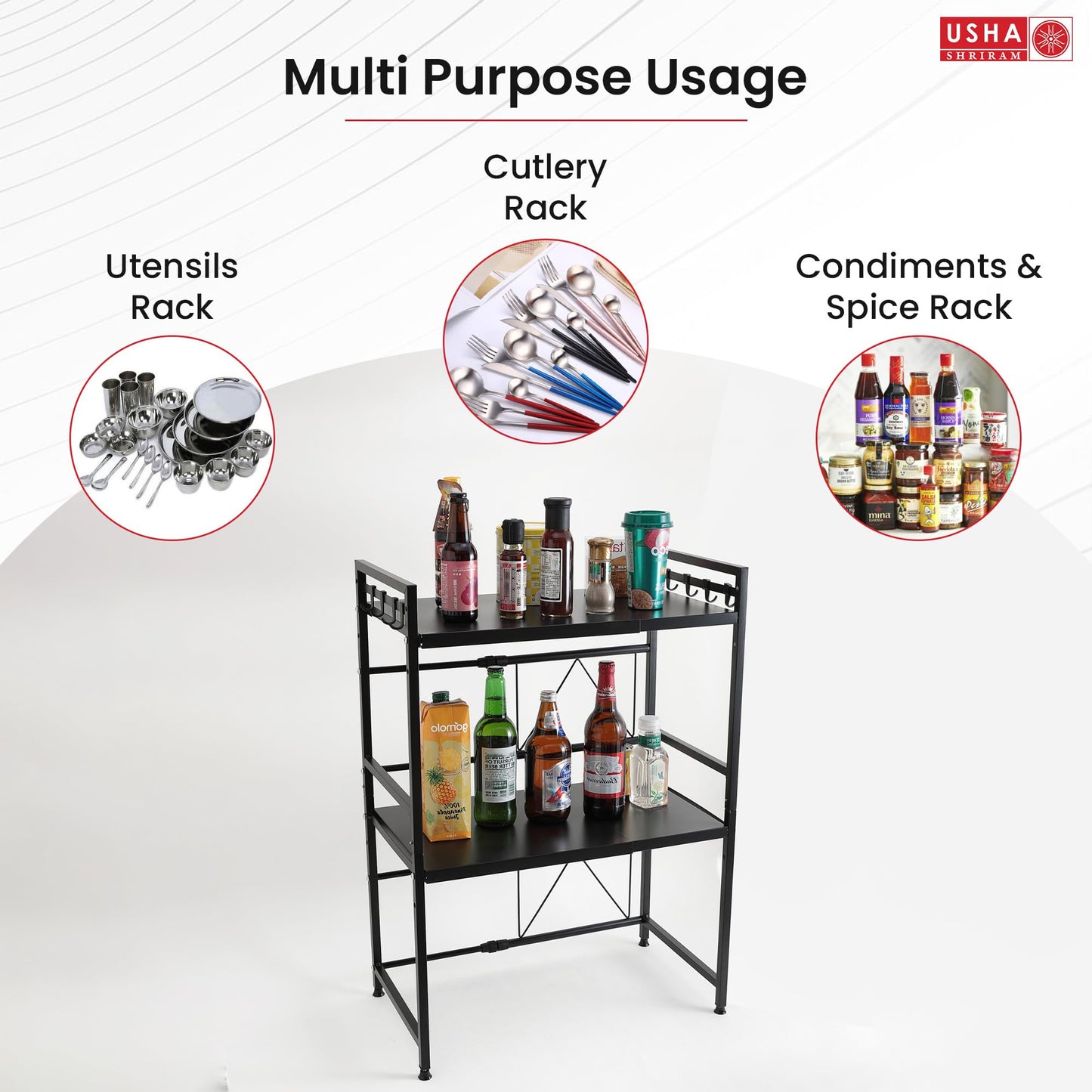 USHA SHRIRAM Microwave Oven Rack For Kitchen |2 Step Organiser For Kitchen Cabinet | Kitchen Organiser Box | Storage Organiser For Kitchen Shelf Space Saver | Hooks For Spoon Holder | Black