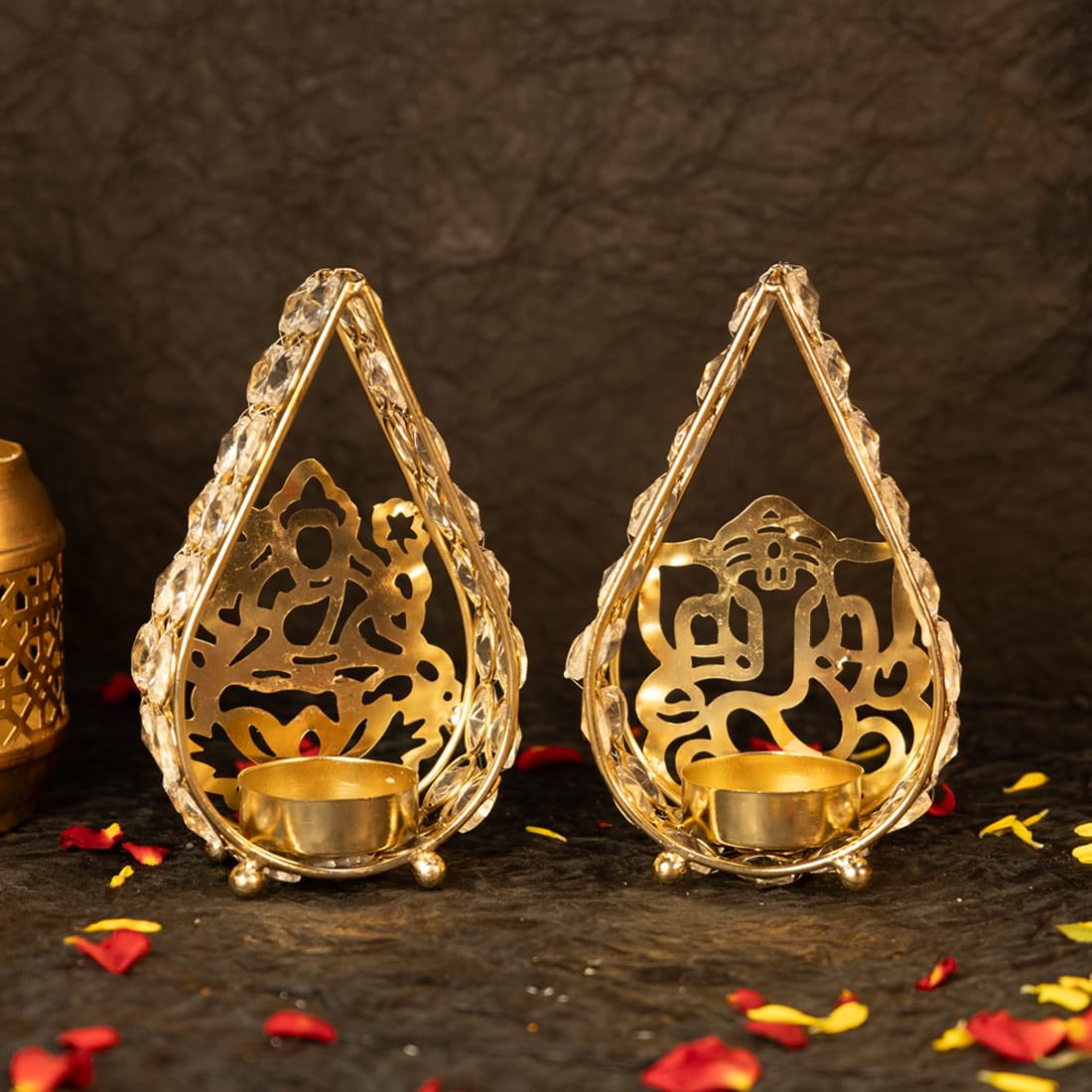 Combo: Brass Radha Krishna & Ganesh Tealight Candle Holders - Spiritual Decor | 12.8 cm | Gold Finish