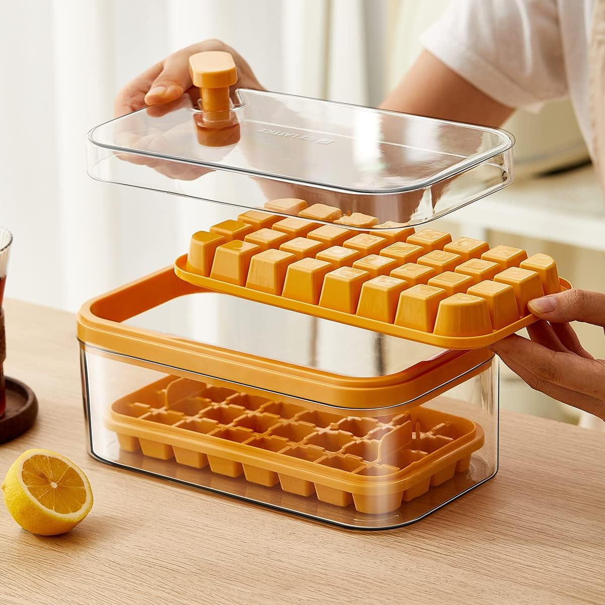 Kuber Industries Pack of 4|2 Layer Ice Cube Tray with Lid | Ice Cube Storage Box with Ice Scoop | 64 Ice Cube Molds for Freezing | One-Press Demolding | BPA Free | Orange