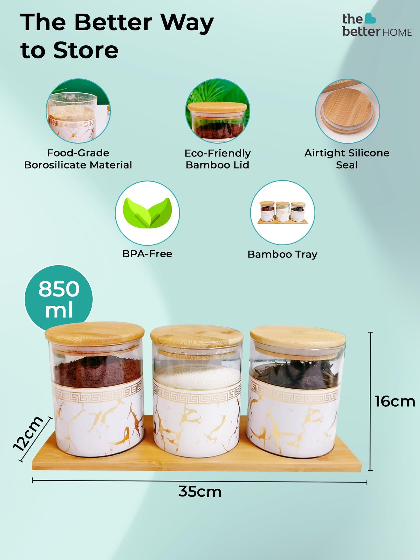 Combo: Borosilicate Glass Jars with Wooden Lids | Airtight Storage Set | 850ml Each | Printed White Design