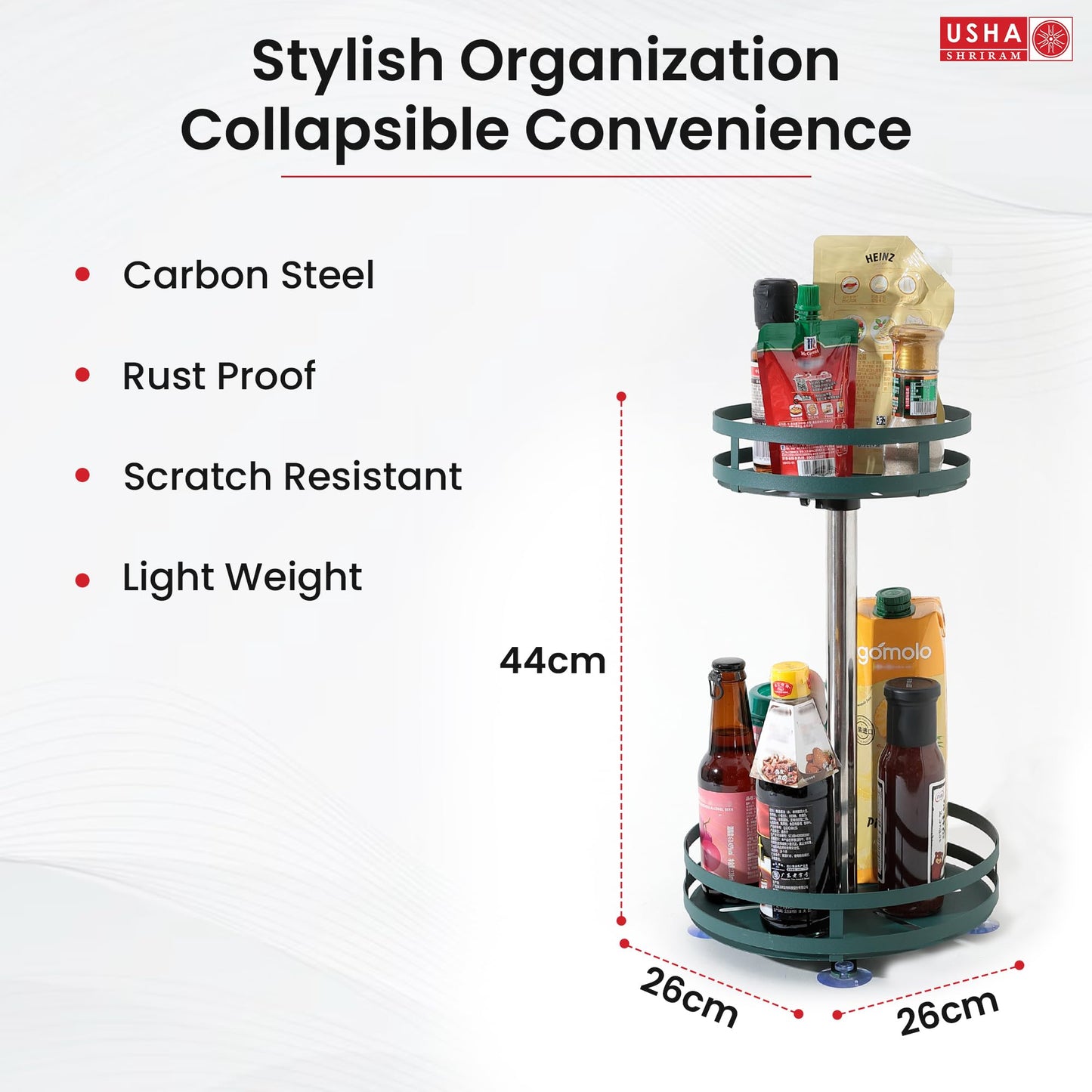 USHA SHRIRAM Carbon Steel Oil Bottle Holder For Kitchen |360 Rotation | Wine Whiskey Bottle Holder | Kitchen Organiser Space Saver | Storage Rack For Kitchen Organiser (Pack of 1, Round - 2 Layer)