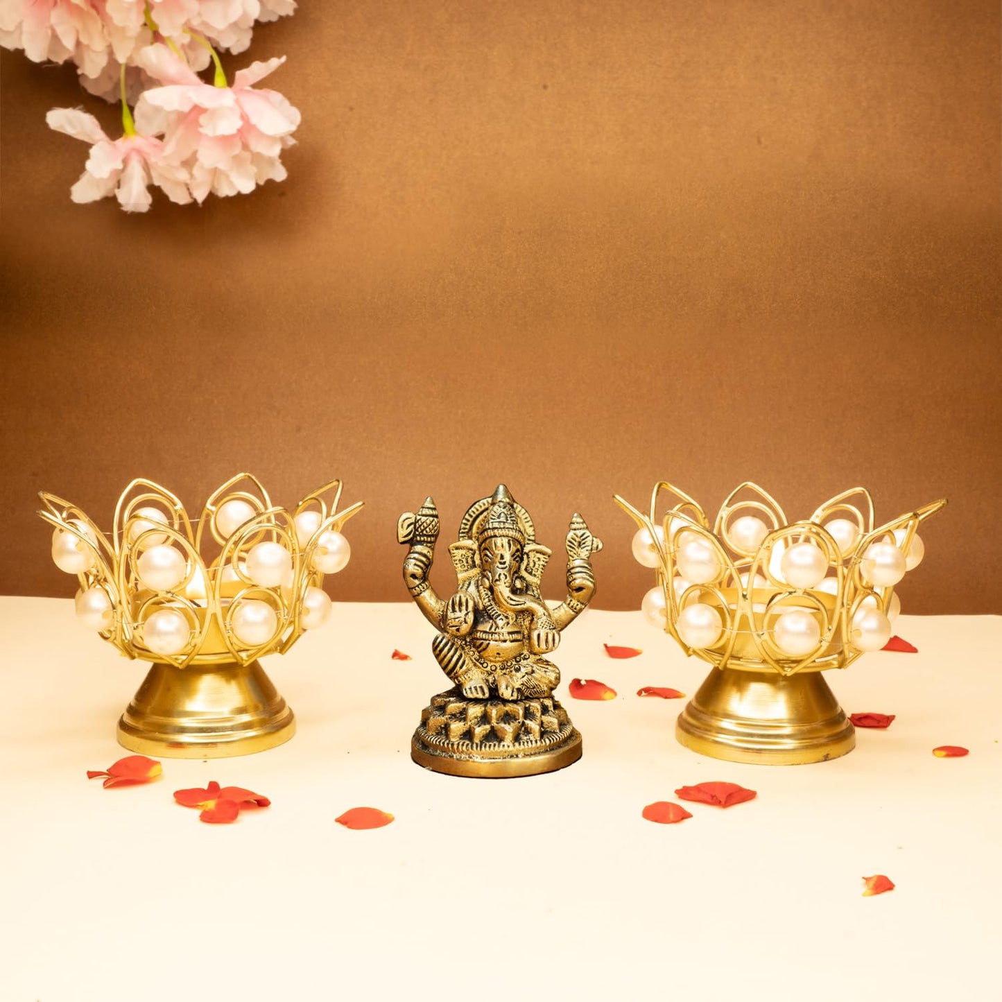 Combo: Pure Brass Ganesh Idol & Tealight Candle Holder | Perfect for Pooja Room & Home Decor | Gold Finish