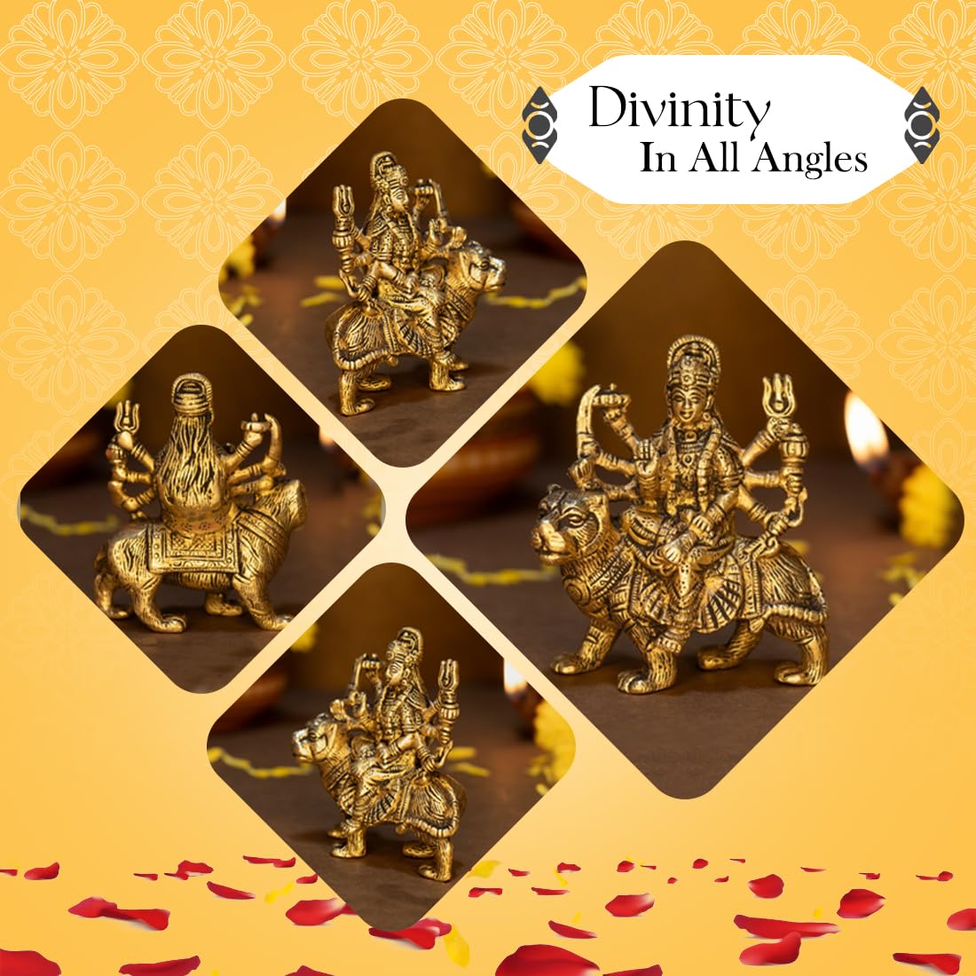 Combo: Pure Brass Durga Maa Idol & Tealight Holder | Home Decor, Puja | 8.4 cm | Golden Finish