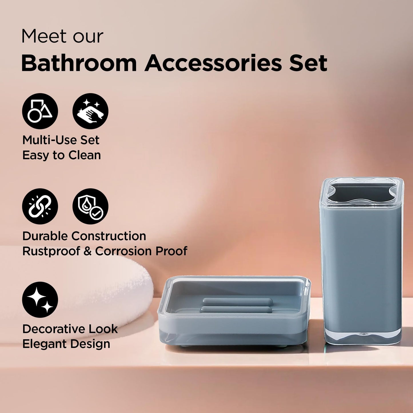 4 PC Bathroom Accessory Set - Durable ABS | Soap Dispenser, Toothbrush Holder, Dish Tray, Dustbin | Grey