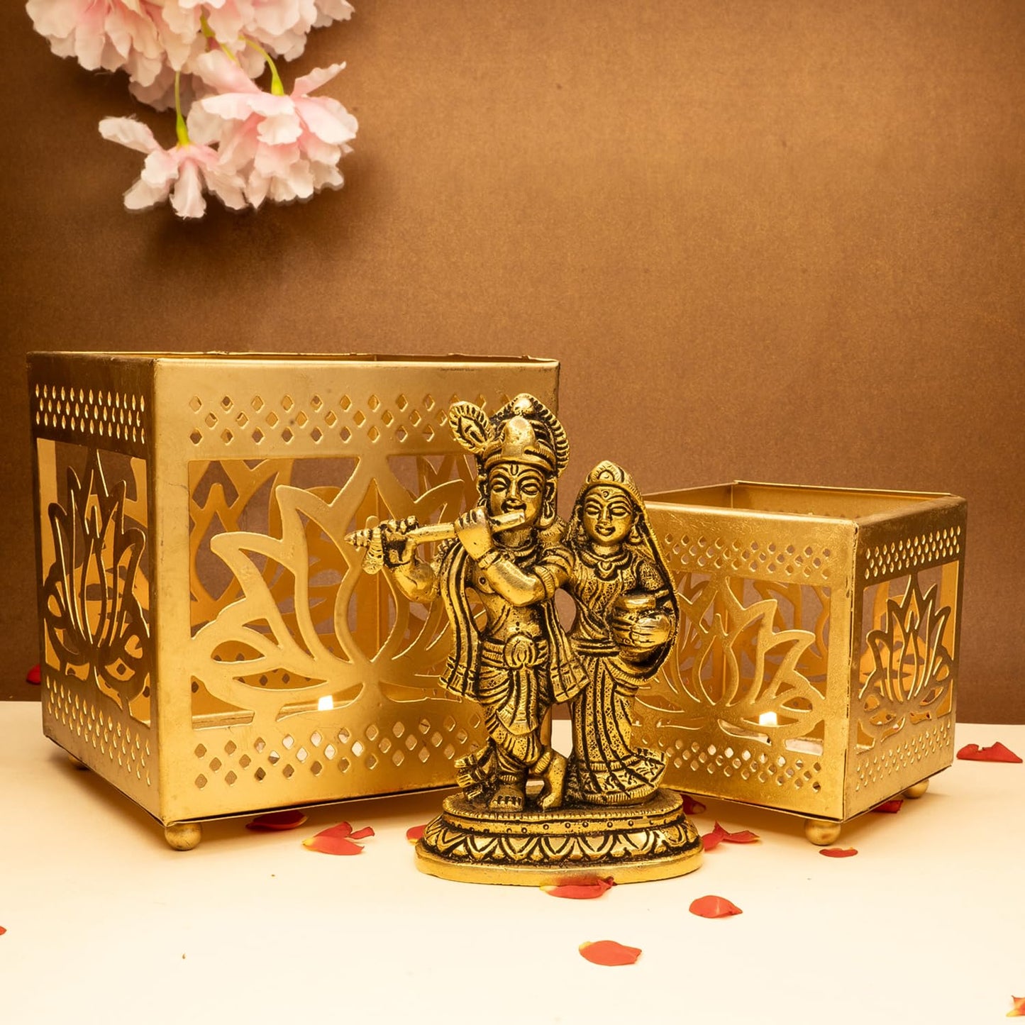 Combo: 100% Pure Brass Radha Krishna Murti & Lotus Tealight Holder | 12.8 cm | Home Decor & Pooja Room