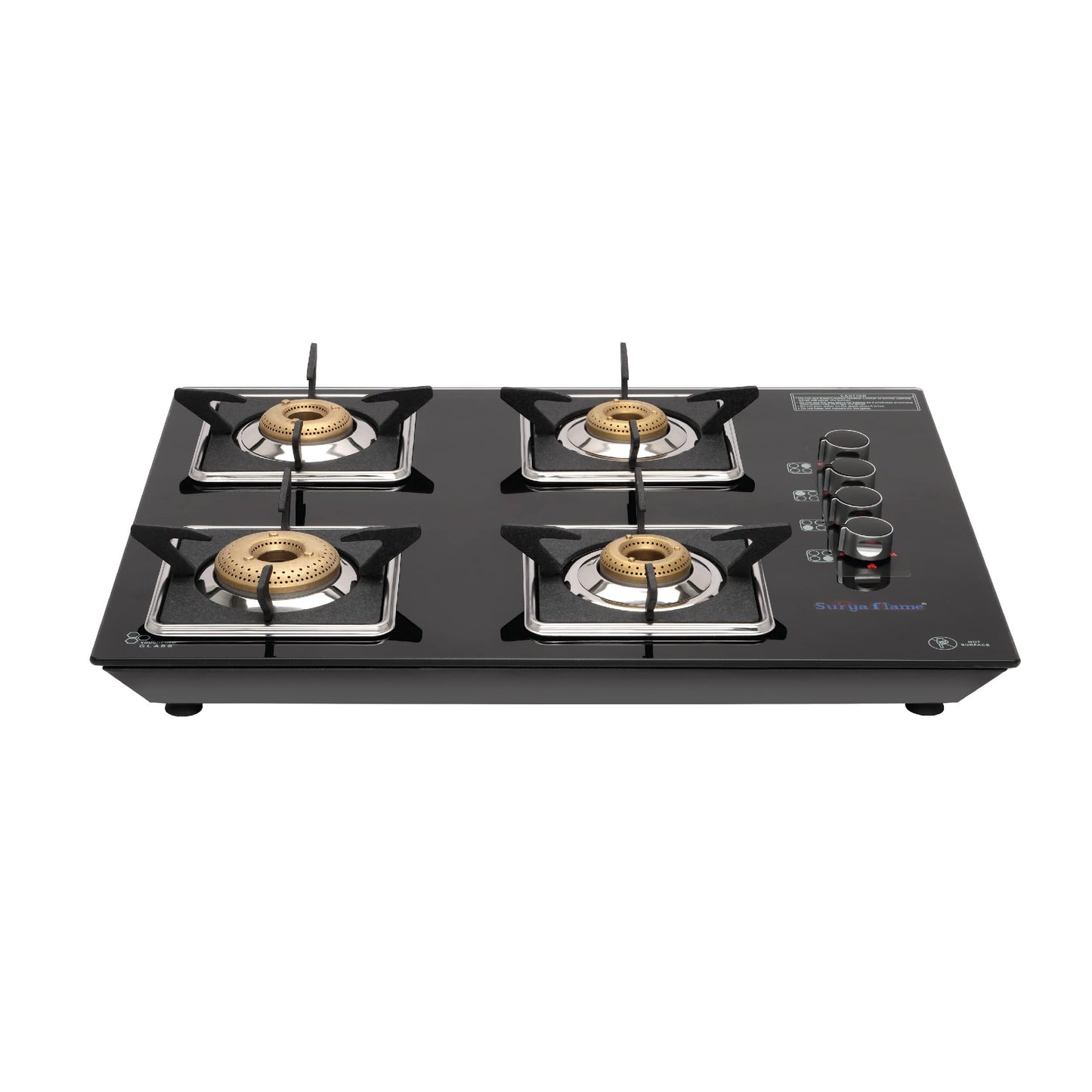 Surya Flame Apollo LPG Gas Stove - Square 4B, Stainless Steel | 10.5kg | Black | Gas Powered