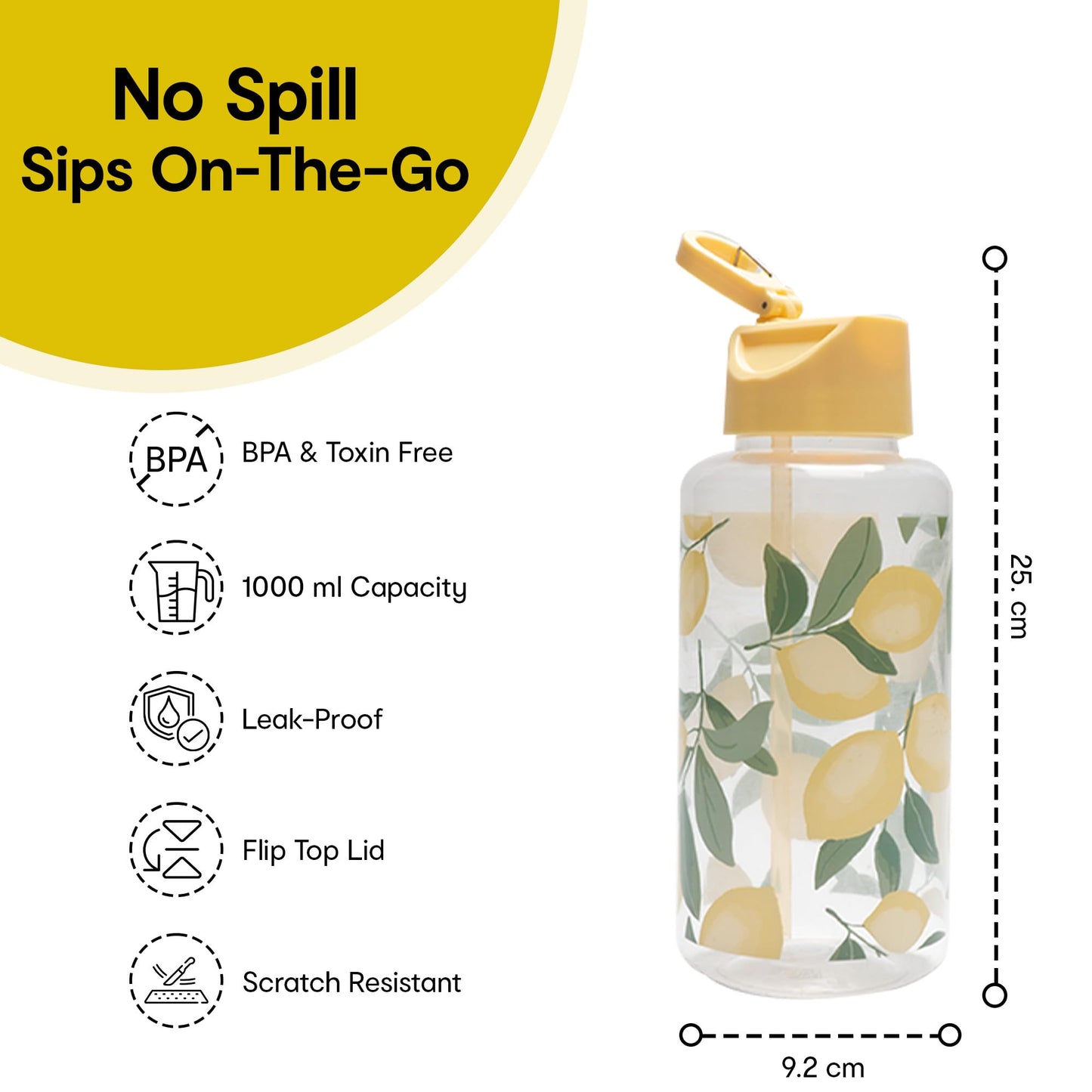 1 L Plastic Sipper Water Bottle - Non-Toxic, Leak Proof, Lightweight | Flip-Top Lid & Straw | Leaf Print