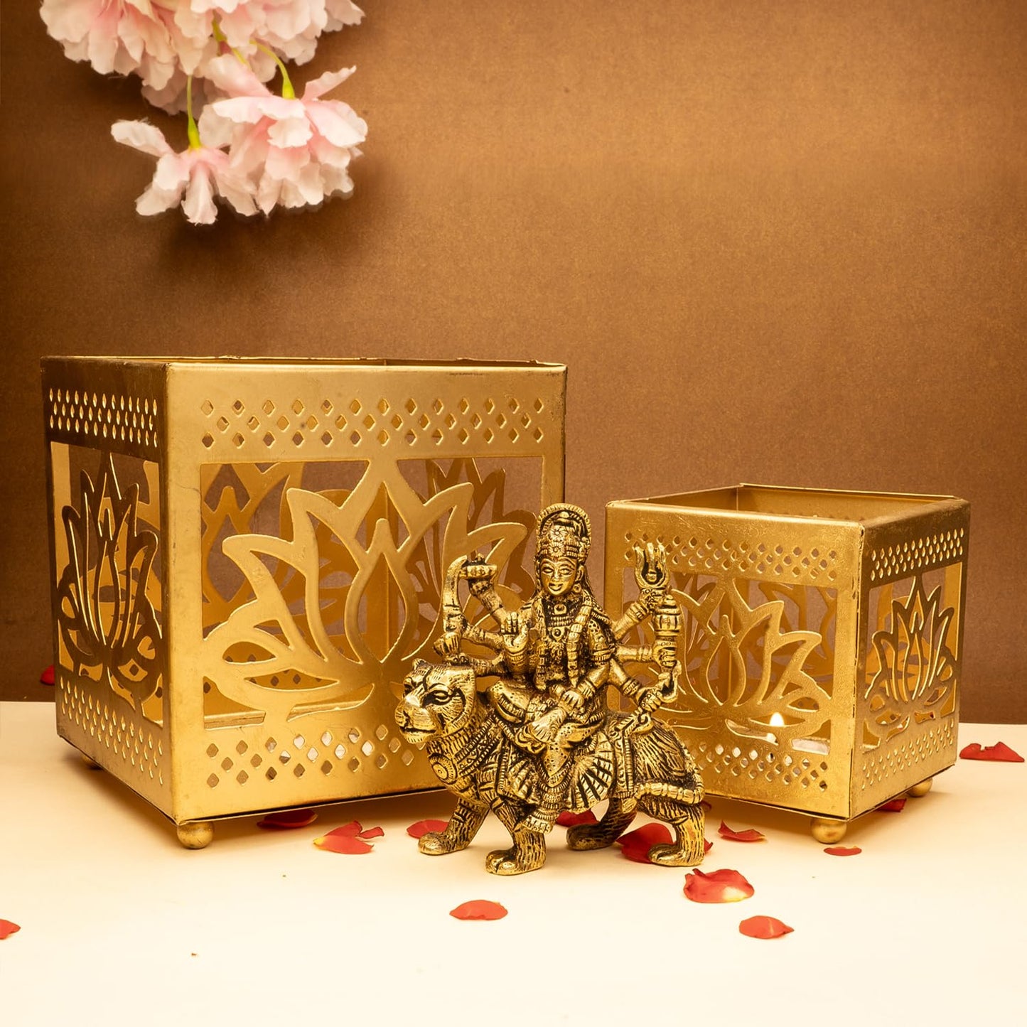 Combo: Pure Brass Durga Maa Idol & Tealight Candle Holder | Home Decor, Puja Room | 12.8 cm | Gold