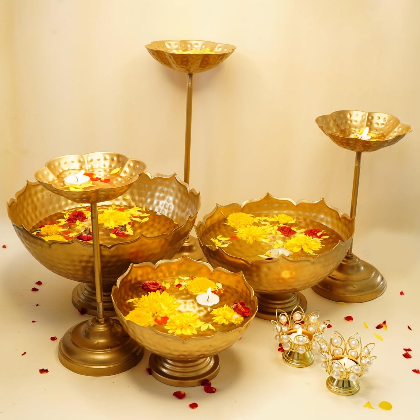 Combo: Taj Urli Bowl Stand & Tealight Holder for Home Decor | 3 Bowls, 3 Stands, 2 Holders | Decorative | Size: Medium