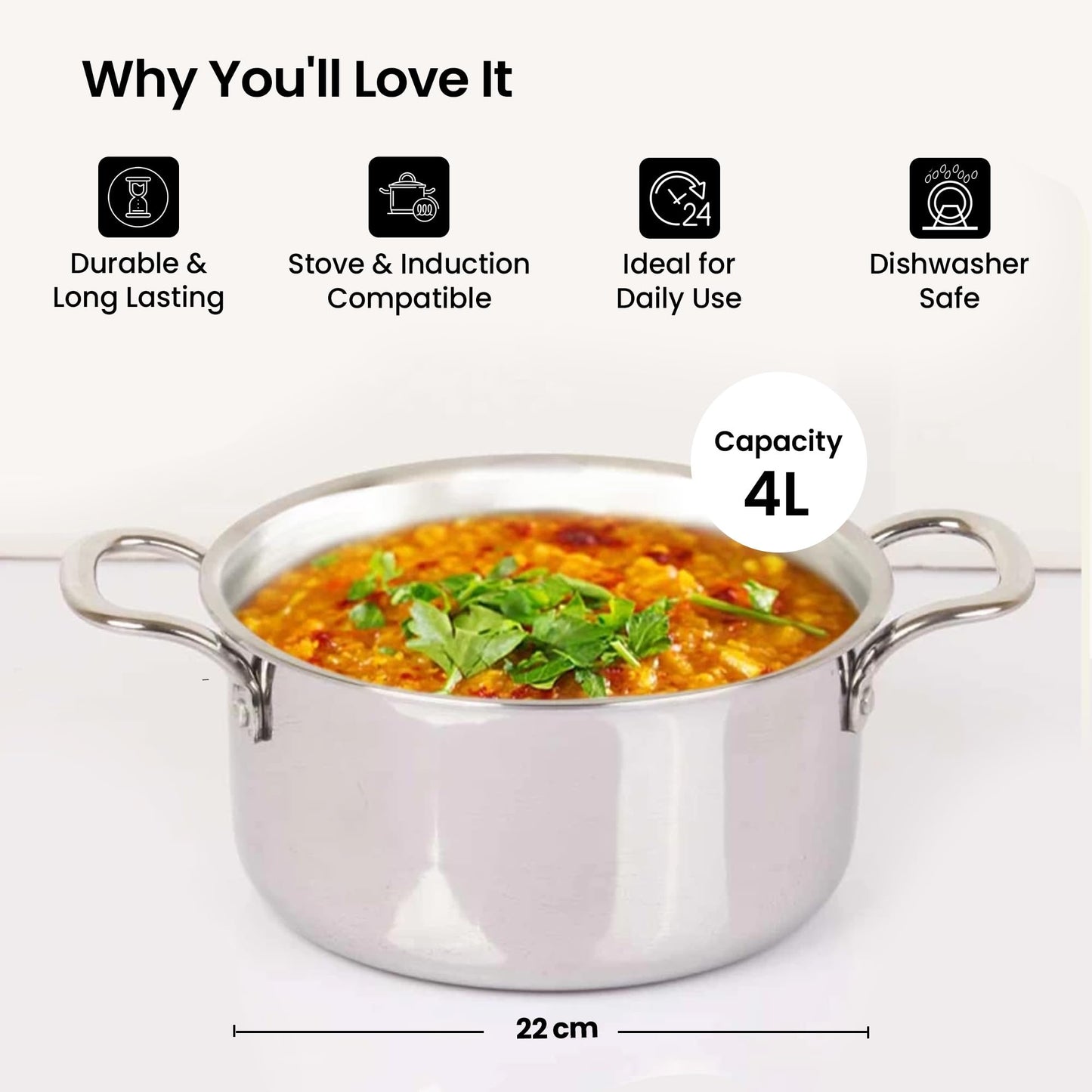 Savya Home Triply Stainless Steel Tope (Patila) with Lid | Handi Casserole with lid | 4L | 22 cm Diameter | 100% PTFE and PFOA Free | Gas Stove & Induction Cookware | Stainless Steel Cookware