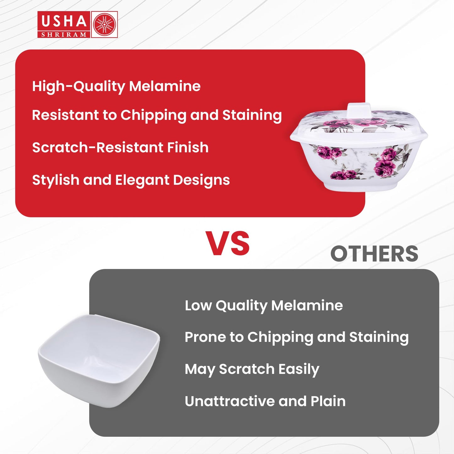 USHA SHRIRAM Melamine Big Serving Bowl with Lid (4 Pcs - 1.4L each) | Rice Bowl for Serving | Unbreakable | Heat Resistant | Mixing Bowl with Lid | Light Weight | BPA Free (Pink Marble Flower)