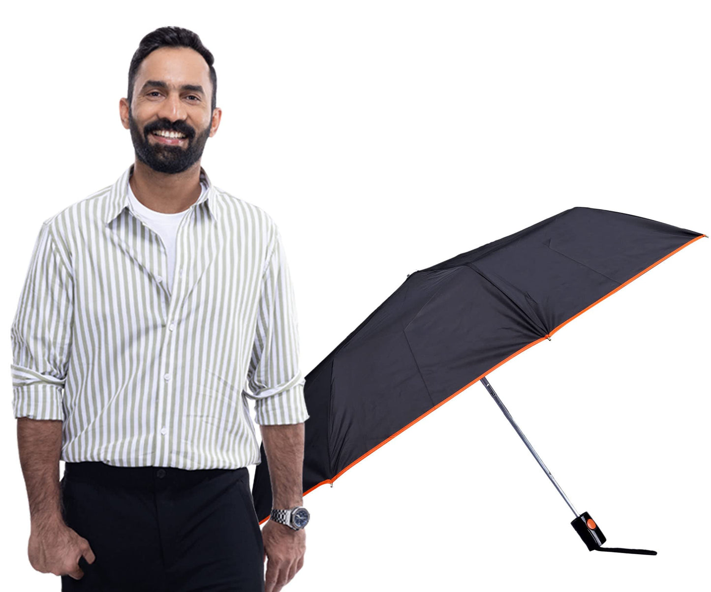 THE CLOWNFISH Umbrella Coloured Piping Series 3 Fold Auto Open Waterproof 190 T Polyester Double Coated Silver Lined Umbrellas For Men and Women (Coloured Piping- Orange)