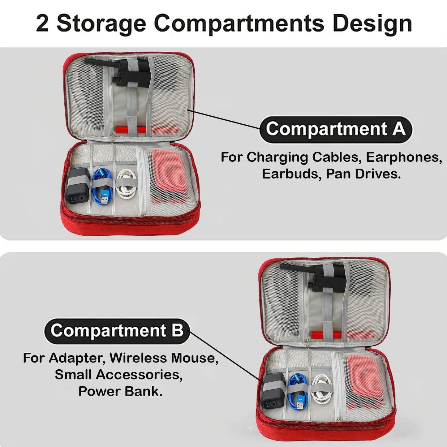 Kuber Industries Travel Organizer for Electronic Accessories|Multipurpose Pouch|Adapter, Cable, Gadget Organizer|Three Comparment with Zipper (Red)