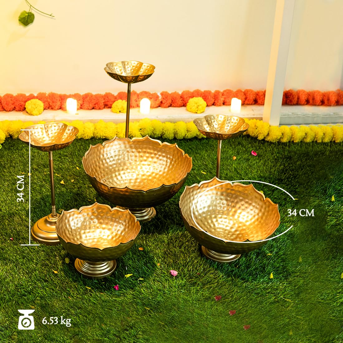 Ekhasa Big Combo Pack Taj Urli Bowl Stand for Home Décor and Decorative Items (Includes 3 Bowls + 3 Stands) | Floating Flowers Water Bowl for Diwali Pooja and Other Festivals Decoration