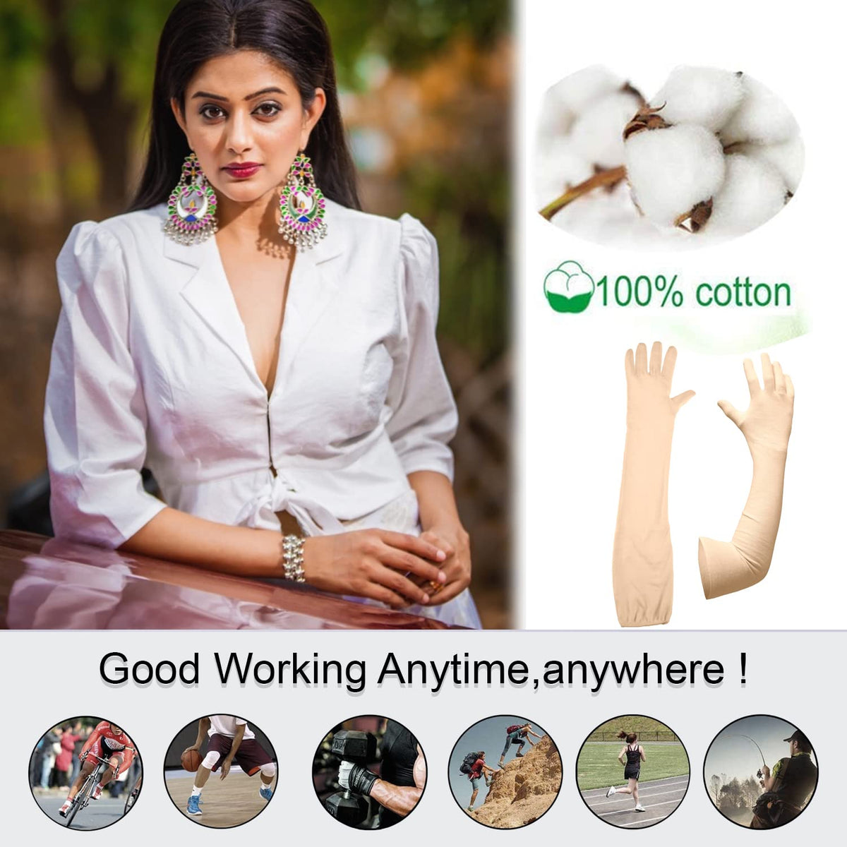 Pack of 2: Full Arm Cotton Sleeves Gloves - UV & Dust Protection | Summer Use | Unisex | Cream
