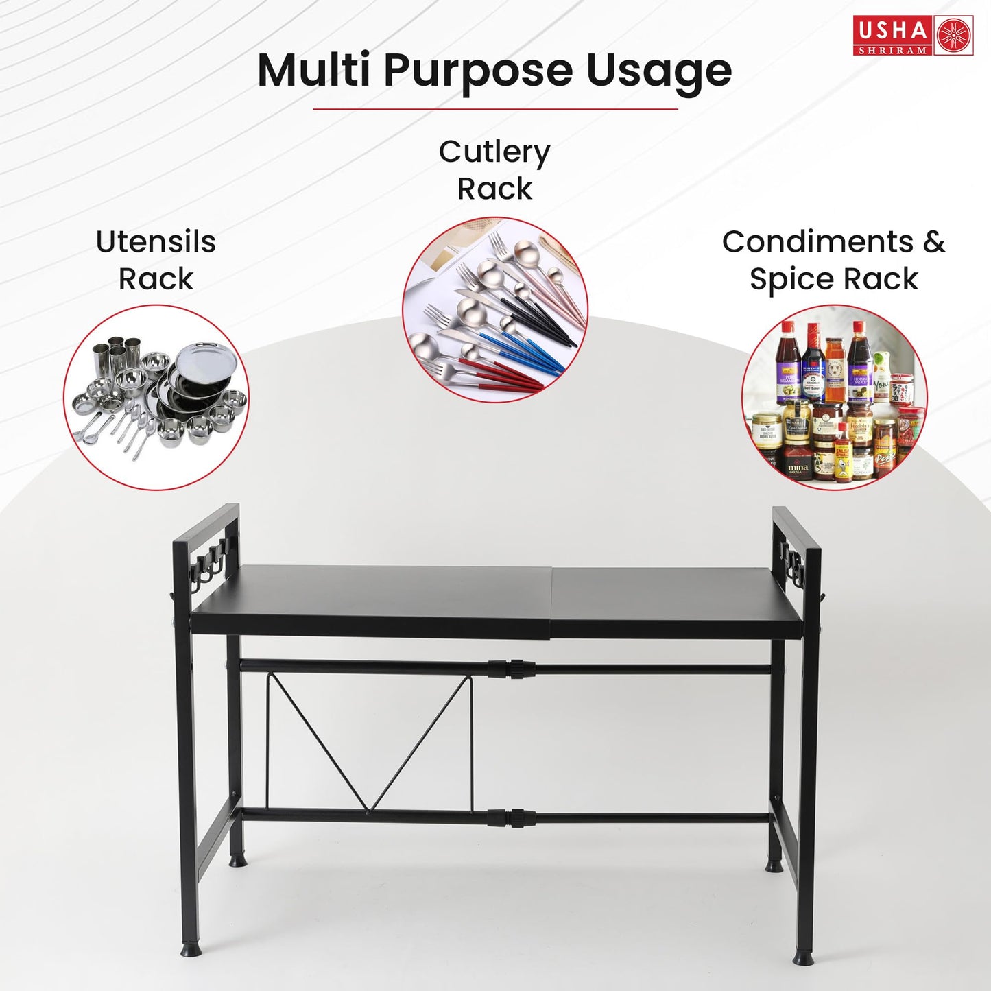 USHA SHRIRAM Microwave Oven Rack For Kitchen | Step Organiser For Kitchen Cabinet | Kitchen Organiser Box | Storage Organiser For Kitchen Shelf Space Saver | Hooks For Spoon Holder | Black