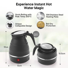 The Better Home FUMATO 600ml Portable Electric Kettle for Travel | Hot Water 600W | Multipurpose, Mini, Collapsible, Travel Kettle | Food Grade Silicone Body, Stainless Steel Base & Leak Proof (Black)