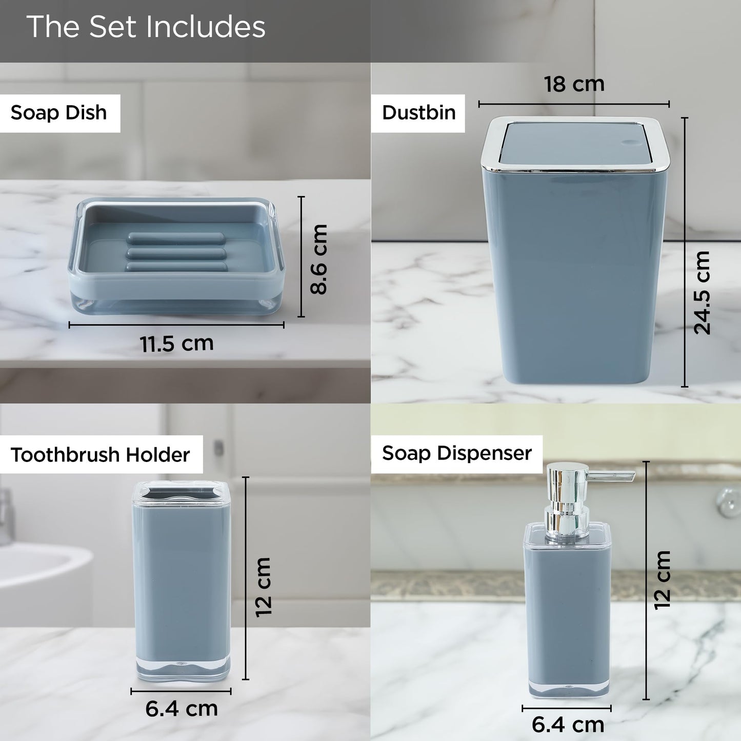 4 PC Bathroom Accessory Set - Durable ABS | Soap Dispenser, Toothbrush Holder, Dish Tray, Dustbin | Grey