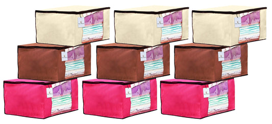 9 Piece Non Woven Fabric Saree Cover Set with Transparent Window | Extra Large | Ivory, Pink, Dark Brown