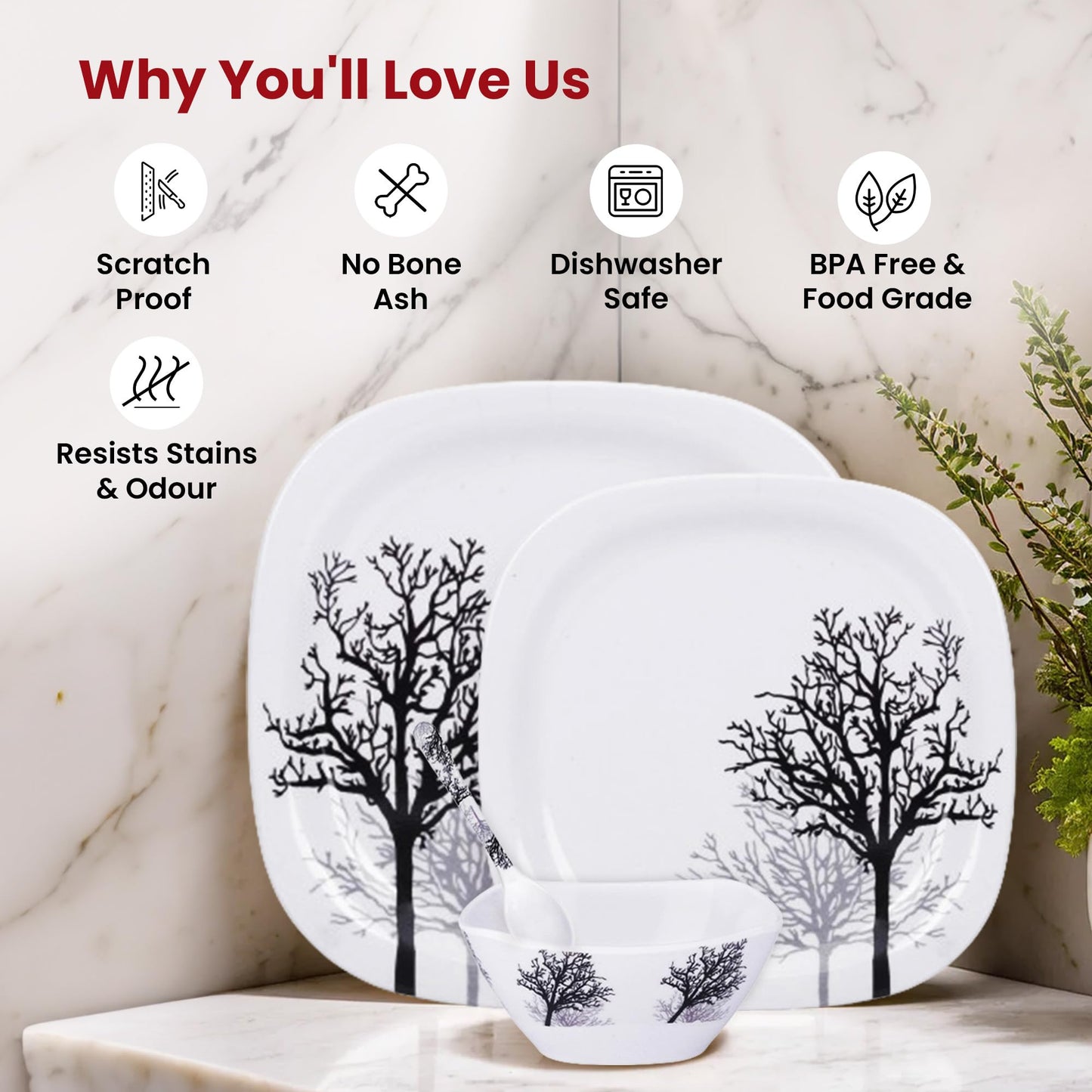 USHA SHRIRAM Melamine Dinner Set (31 Pcs) | Kitchen Set for Home | Unbreakable Plates and Bowls Set | Dinner Ware Set | Dinner Ware Set | Fiber Dinner Set | Gift for Marriage (Black Tree)