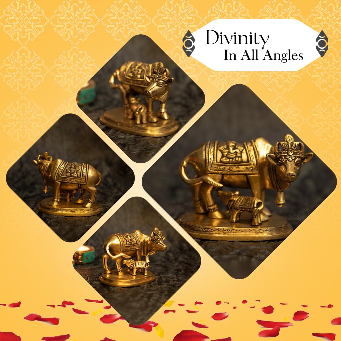 Ekhasa 100% Brass Kamdhenu Cow with Calf Vastu Idol | Komatha Cow with Calf statue for Pooja | Kamdhenu Cow and Calf Statue Idols for Home Decor, Vastu, Feng Shui and Pooja Room