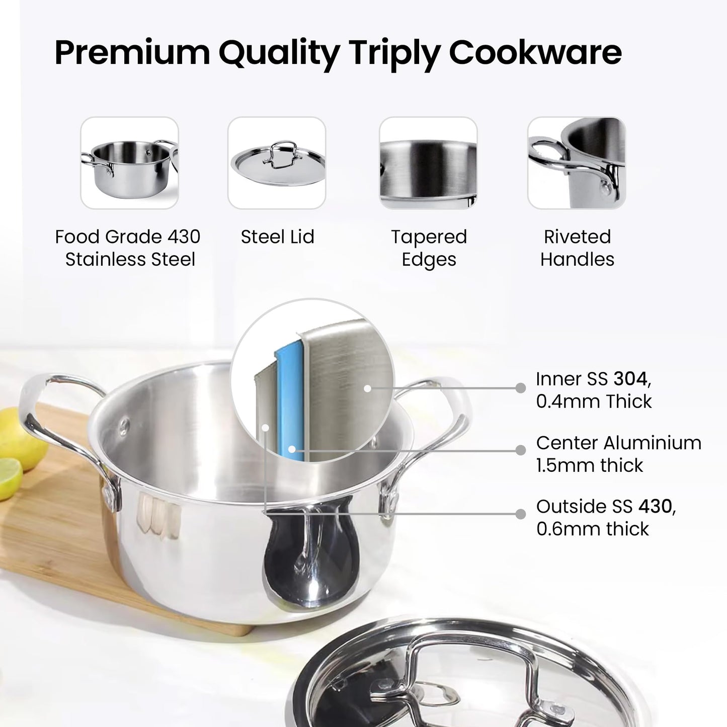 Triply Stainless Steel Casserole with Lid | 3L | 20 cm Diameter | Dishwasher Safe | Silver Color