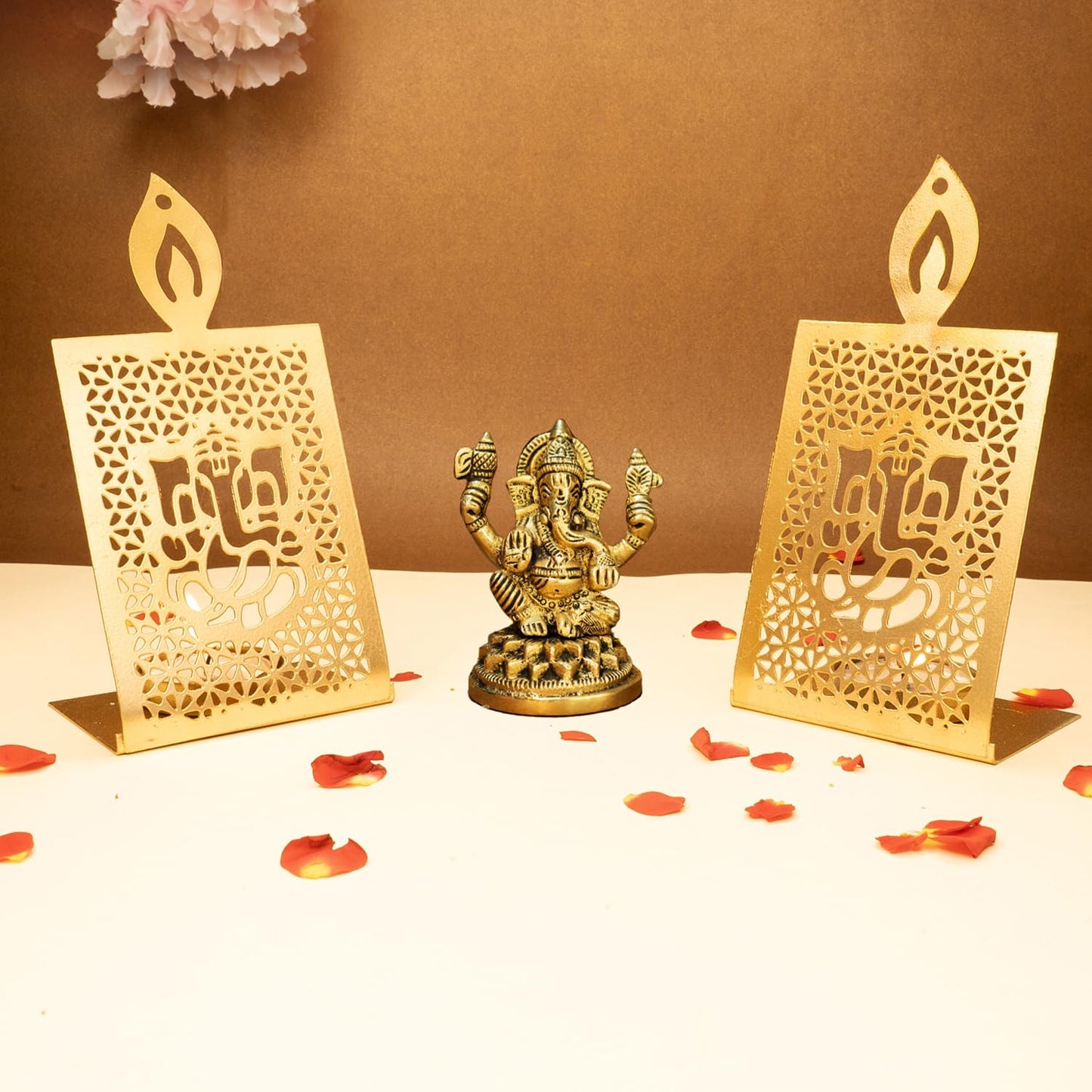 Combo: Pure Brass Ganesha Idol & Tealight Candle Holder for Pooja | For Home Decor & Office | Gold