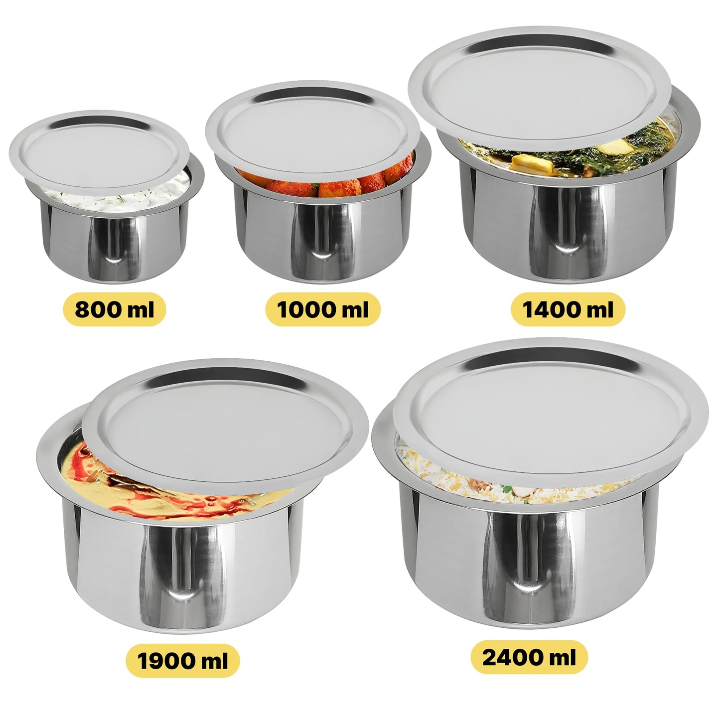 USHA SHRIRAM Stainless Steel Tope Set With Lid (5Pcs - 800ml, 1L, 1.4L, 1.9L, 2.4L ) |Gas & Induction Cookware |Stainless Steel Patila Pan With Steel Lid | Big Patila Pot | Flat Bottom | Milk Tea Pan