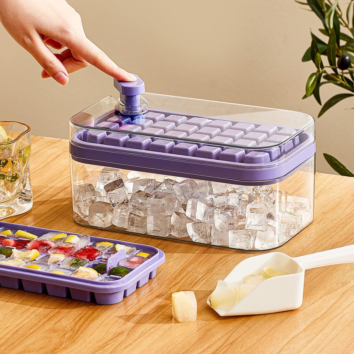 Pack of 6: 2 Layer Ice Cube Trays with Lid - 64 Molds for Easy Demolding | Includes Ice Scoop | Purple