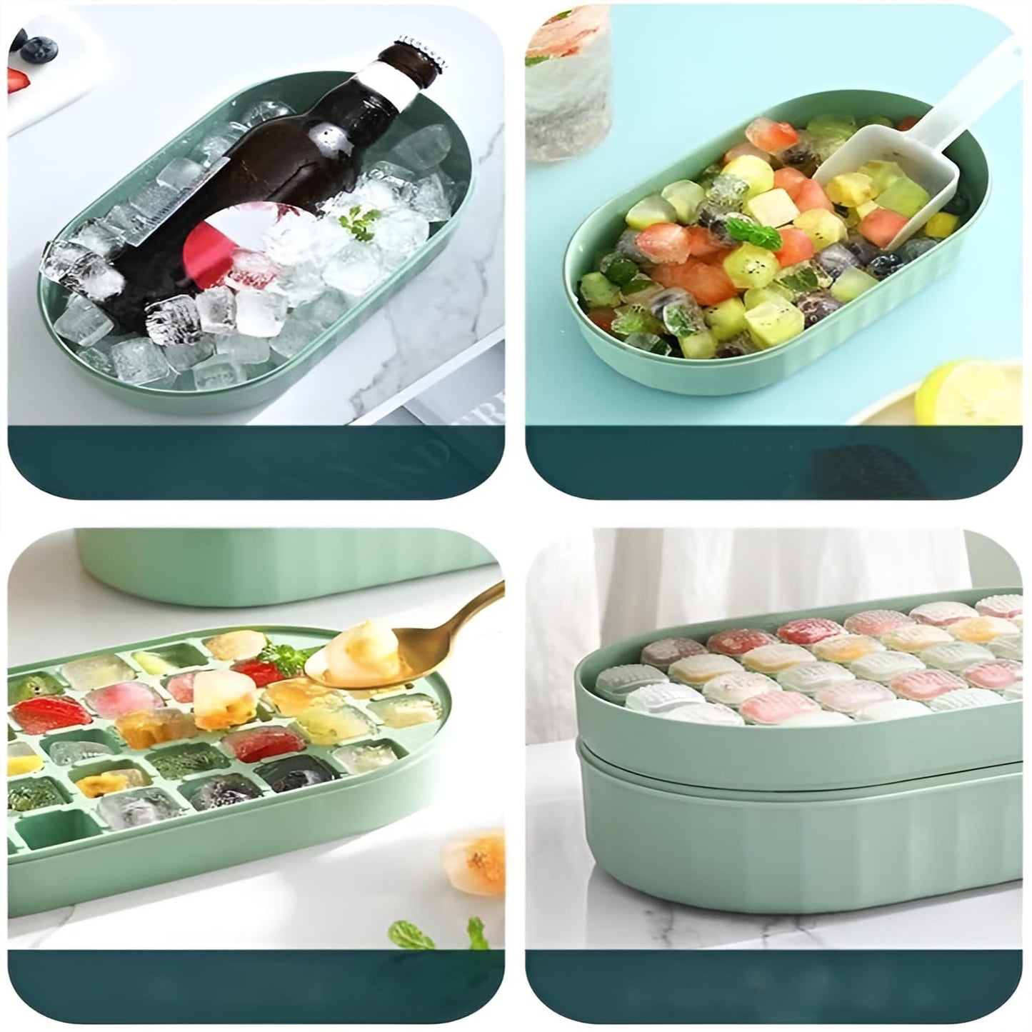 Pack of 6: 2 Layer Ice Cube Trays with Lid | Ice Scoop Included | 72 Ice Molds | BPA Free | Green