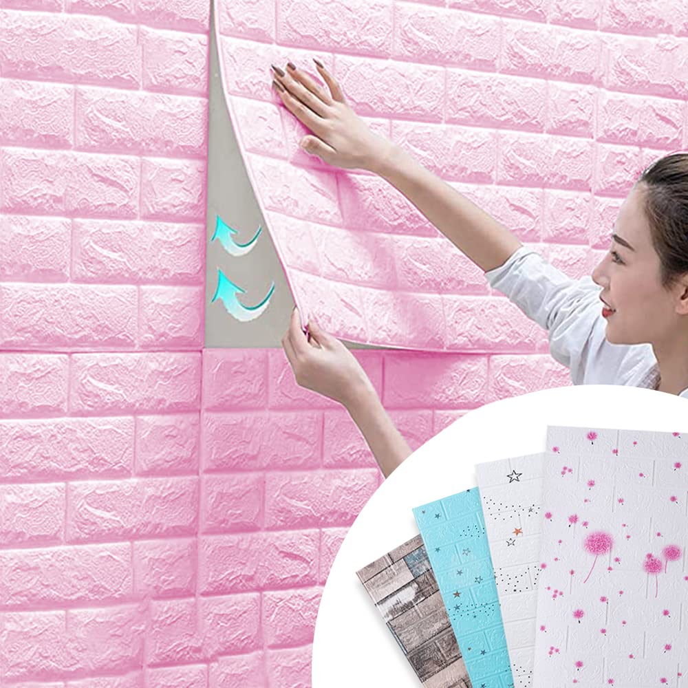 Pack of 2: 3D Brick Pattern Wallpaper | Easy Peel & Stick | 70 cm x 77 cm Each | Soft Pink Foam