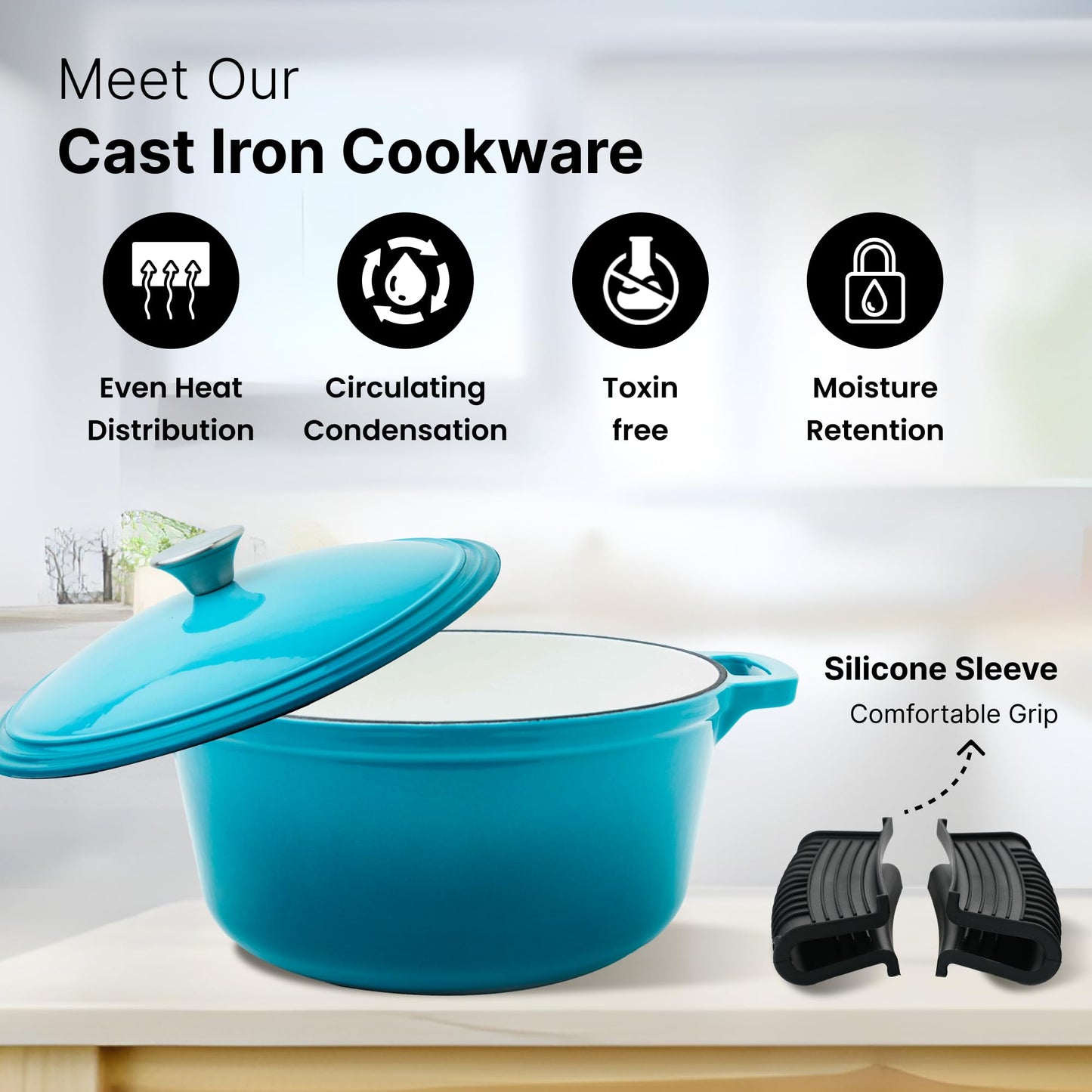 UMAI Enameled Cast Iron Cookware (5L) | Cast Iron Dutch Oven With Silicon Sleeve Handles | Biryani Handi Heavy Bottom | Gas & Induction| Non Stick Biryani Pot | Cast Iron Casserole | Rust Proof (Blue)